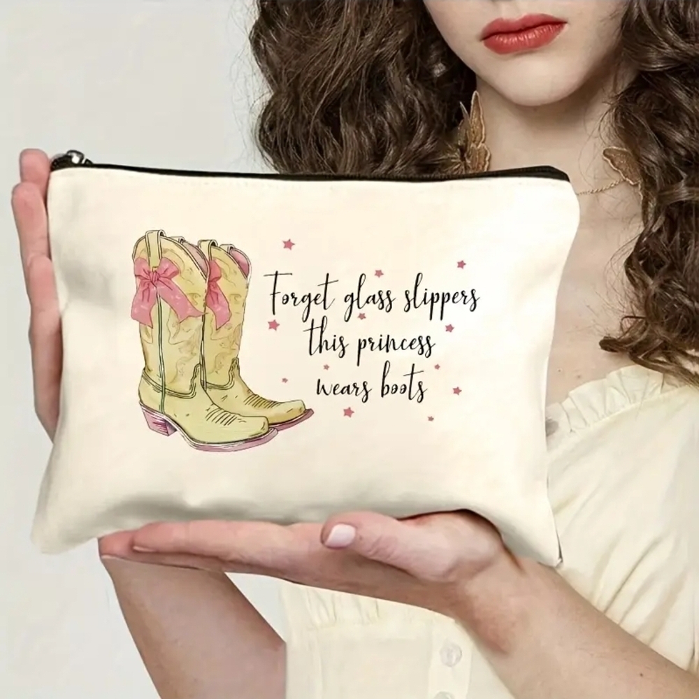 Cream & Pink “Forget Glass Slippers, This Princess Wears Boots” Cosmetic Bag